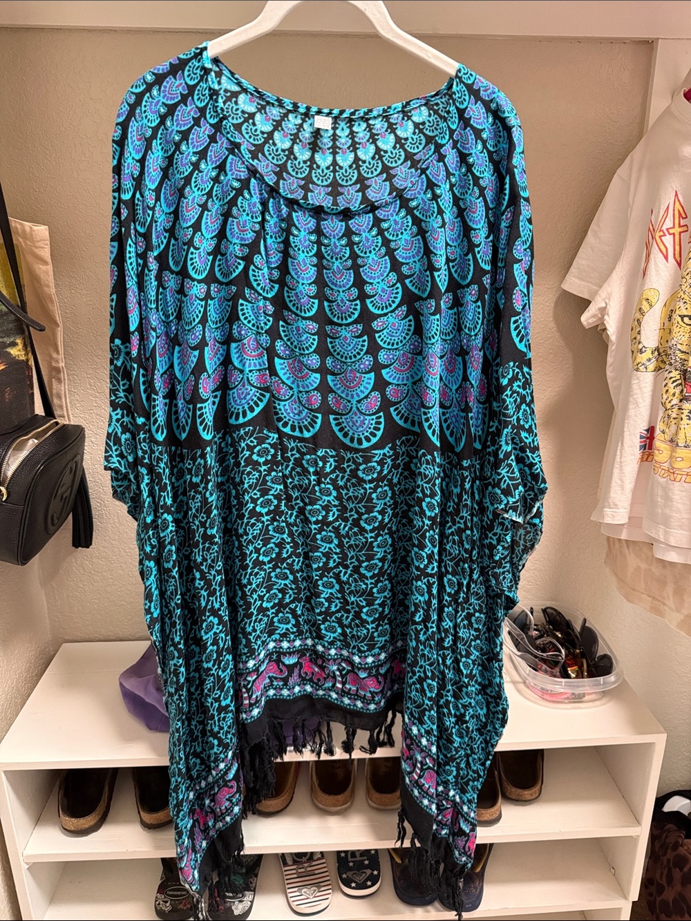 Bohemian Teal and Black Printed Tunic with Fringe